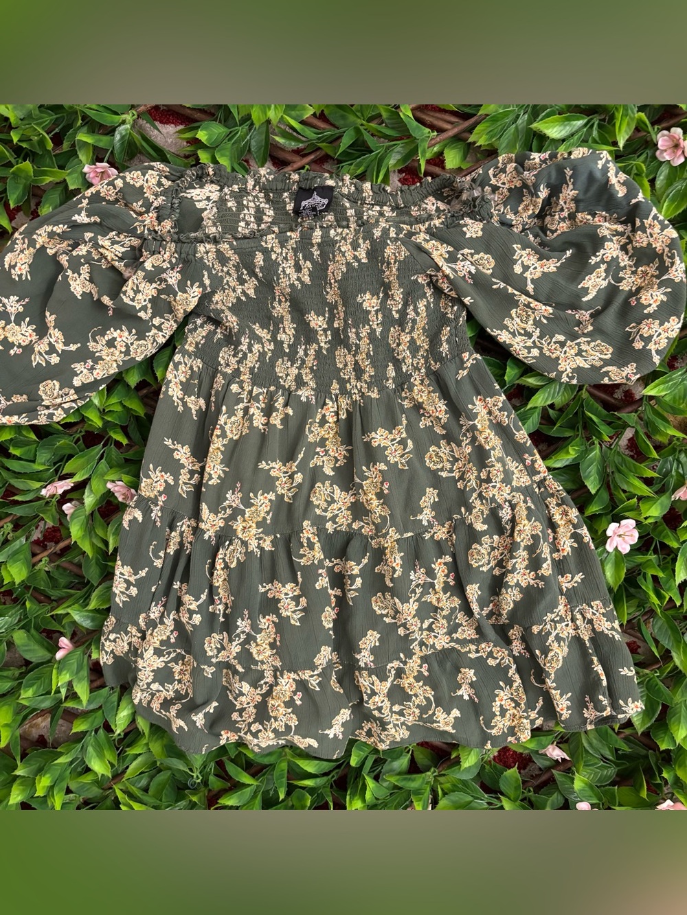 Angie Olive Green Floral Smocked Dress